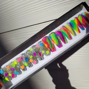 Neon Dreamz - Holographic Glitter Rainbow Neon and Gold Charms Neon Rainbow Tye Dye Long Coffin Press On Nails