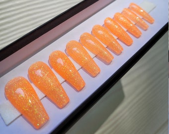 Neonoranje glittergelei lang/XXL/XXXL Press On Nails