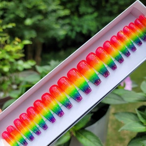 NEW!!!!!! Rainbow Ombre Glitter JellY Press On Nails Long Coffin XXL XXXL