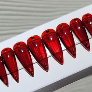 Rubi - Deep Red Jelly Ruby Red/Red Crystal Press On Nails