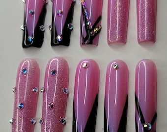 DarkPrincess - Light Pink Sugar Glitter Black Tips Crystal Press On Nails