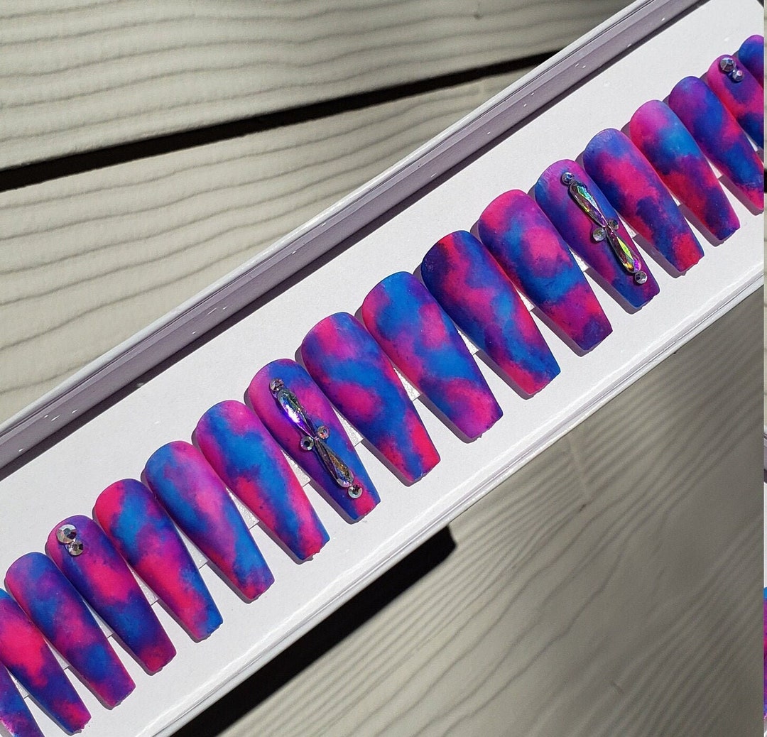 Zeenon Pink Blue Purple Multi MATTE Long Coffin Press on - Etsy