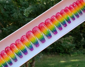 Rainbow Ombre Glitter Jelly Long Coffin Press On Nails