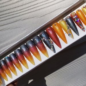 Phoenix - XXL Stiletto Shimmer Dark Silver Red Orange and Gold Ombre Extra Long Stiletto Press On Nails