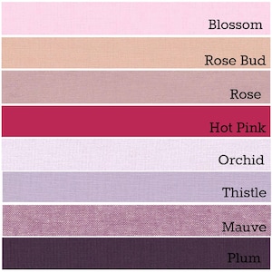 May include: A color chart showing eight different shades of pink and purple. The colors are labeled from lightest to darkest: Blossom, Rose Bud, Rose, Hot Pink, Orchid, Thistle, Mauve, and Plum.