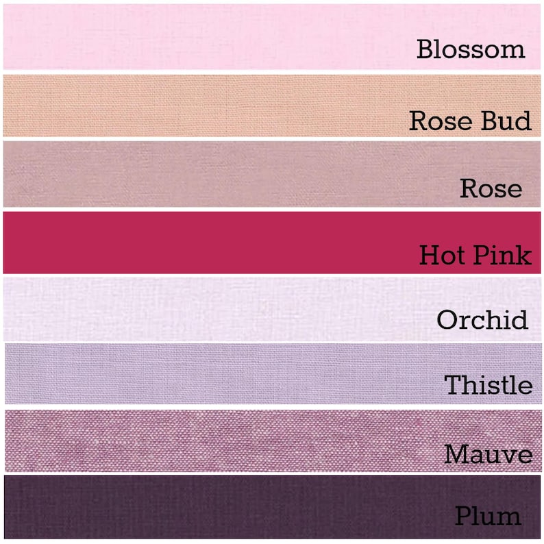 May include: A color chart showing eight different shades of pink and purple. The colors are labeled from lightest to darkest: Blossom, Rose Bud, Rose, Hot Pink, Orchid, Thistle, Mauve, and Plum.