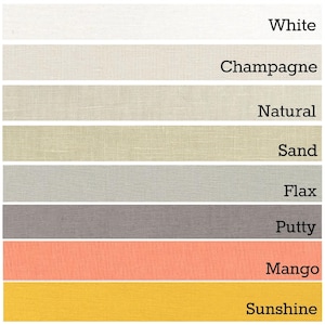 May include: Swatch card showing eight fabric colors: white, champagne, natural, sand, flax, putty, mango, and sunshine.