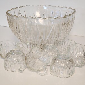 60s Hazel Atlas Williamsport Clear Pressed Glass Punch Bowl Set of 8 Glasses and Bowl