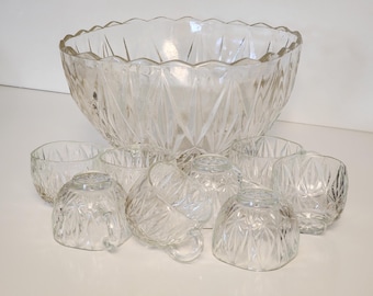 Vintage Hazel Ware Glass Punch Bowl Set: Williamsport Pattern, 10
