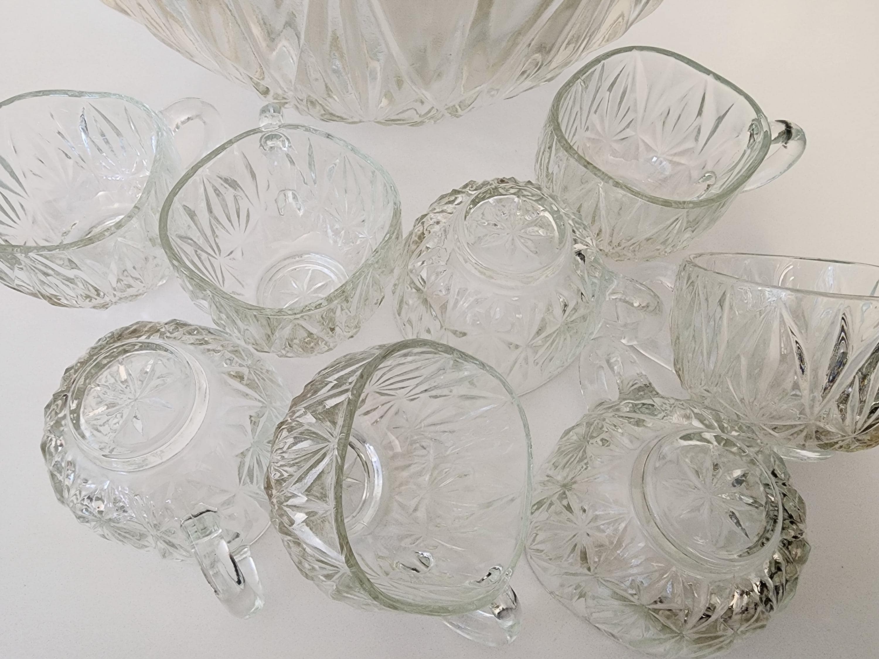 60s Hazel Atlas Williamsport Clear Pressed Glass Punch Bowl Set of