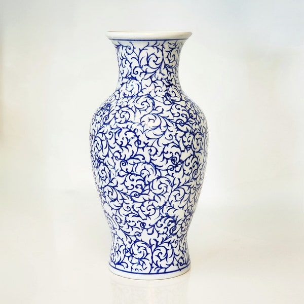 Vintage Flow Blue Delft Scroll White Porcelain Stoneware Pottery Flower Vase