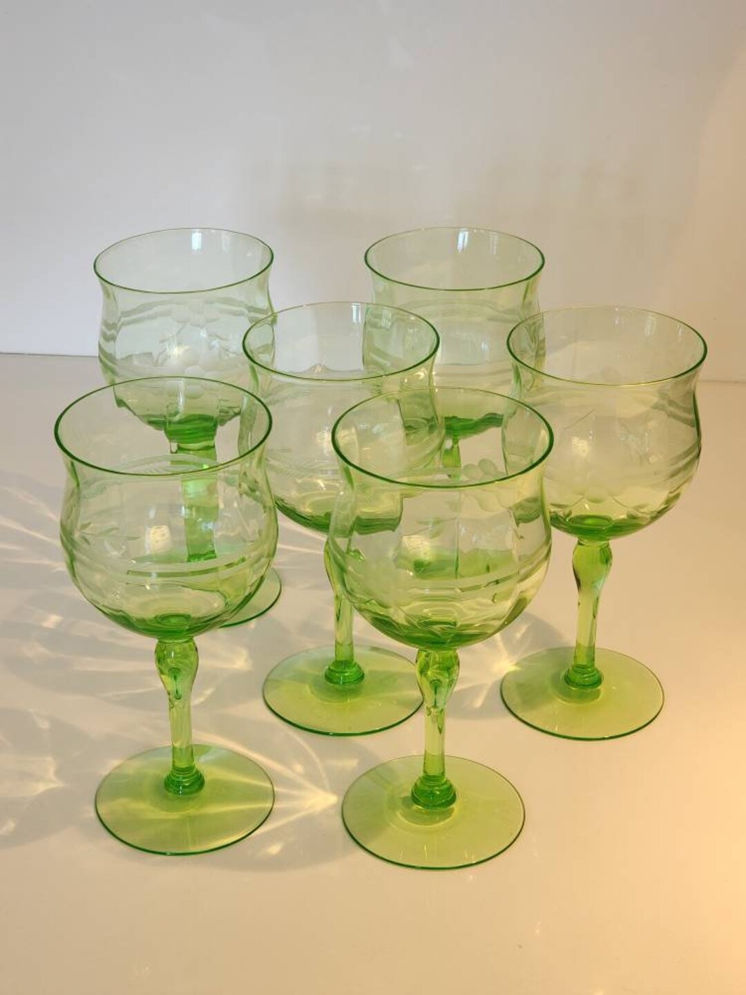 Six Rare Antique Uranium Green Optic Glass Coupe Wine Drinking Glasses ...