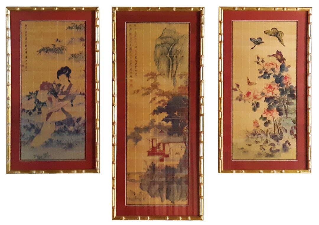 Vintage Triptych Wall Art Asian Gold Bamboo Framed Printed Wooden Mats Etsy