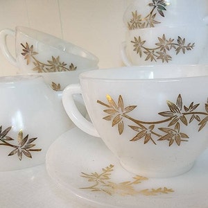 Federal Gold Accent Milk Glass Bamboo Foliage Cup and Saucer Set, select available individual pieces or set