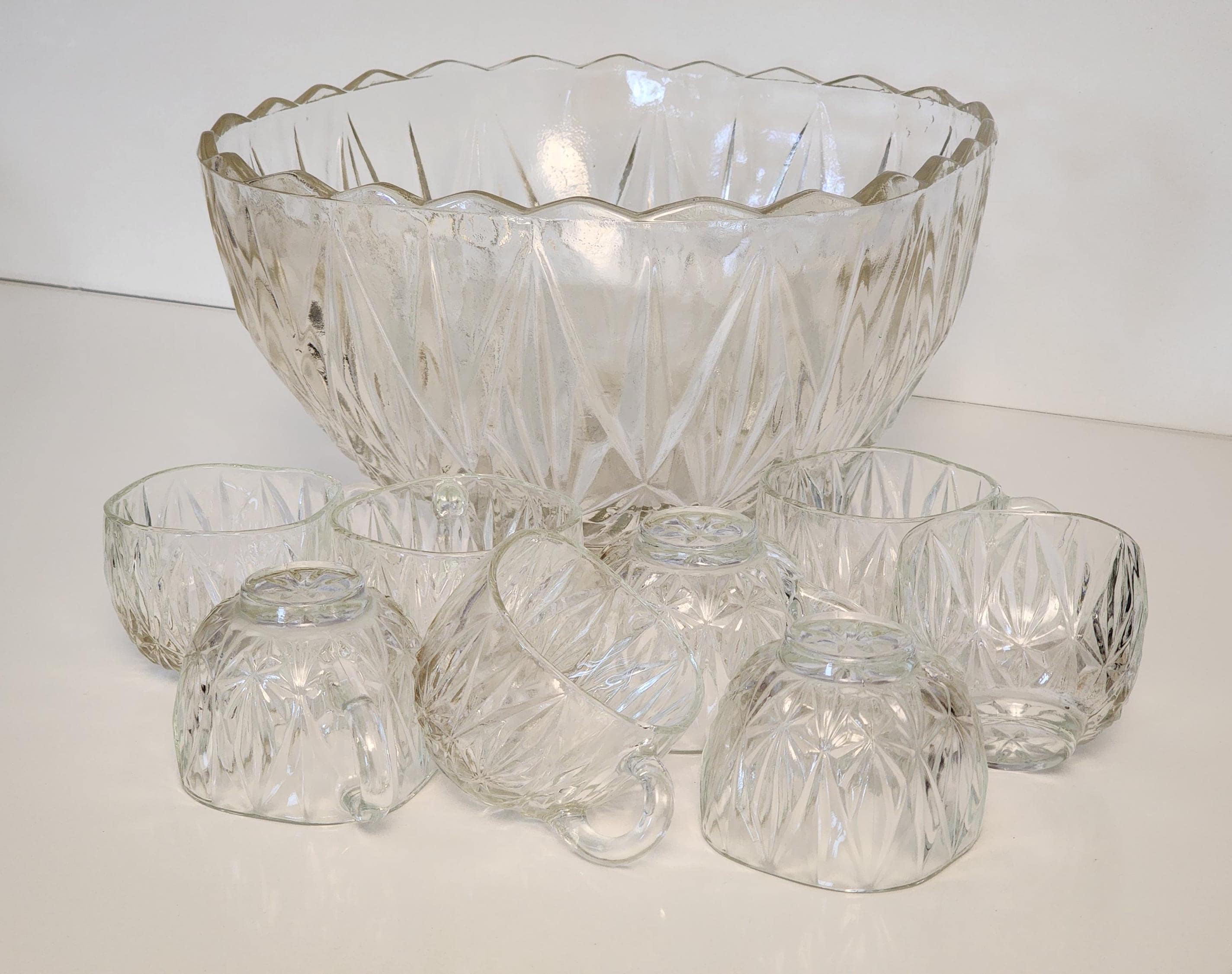 60s Hazel Atlas Williamsport Clear Pressed Glass Punch Bowl Set of