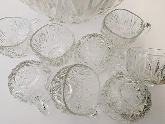 60s Hazel Atlas Williamsport Clear Pressed Glass Punch Bowl Set of