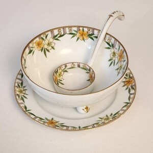 3pc Set Nippon Bowl Ladle and Underplate Yellow Floral Bouquet Porcelain Gold