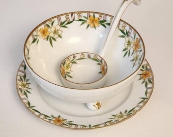 3pc Set Nippon Bowl Ladle and Underplate Yellow Floral Bouquet Porcelain Gold