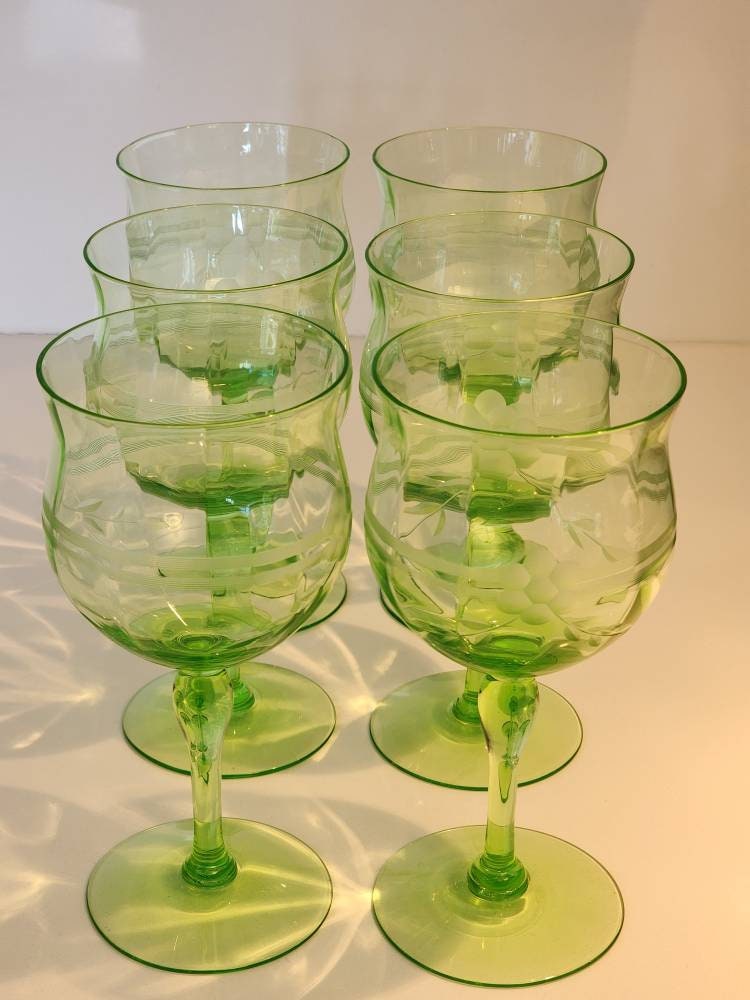 Six Rare Antique Uranium Green Optic Glass Coupe Wine Drinking Glasses ...