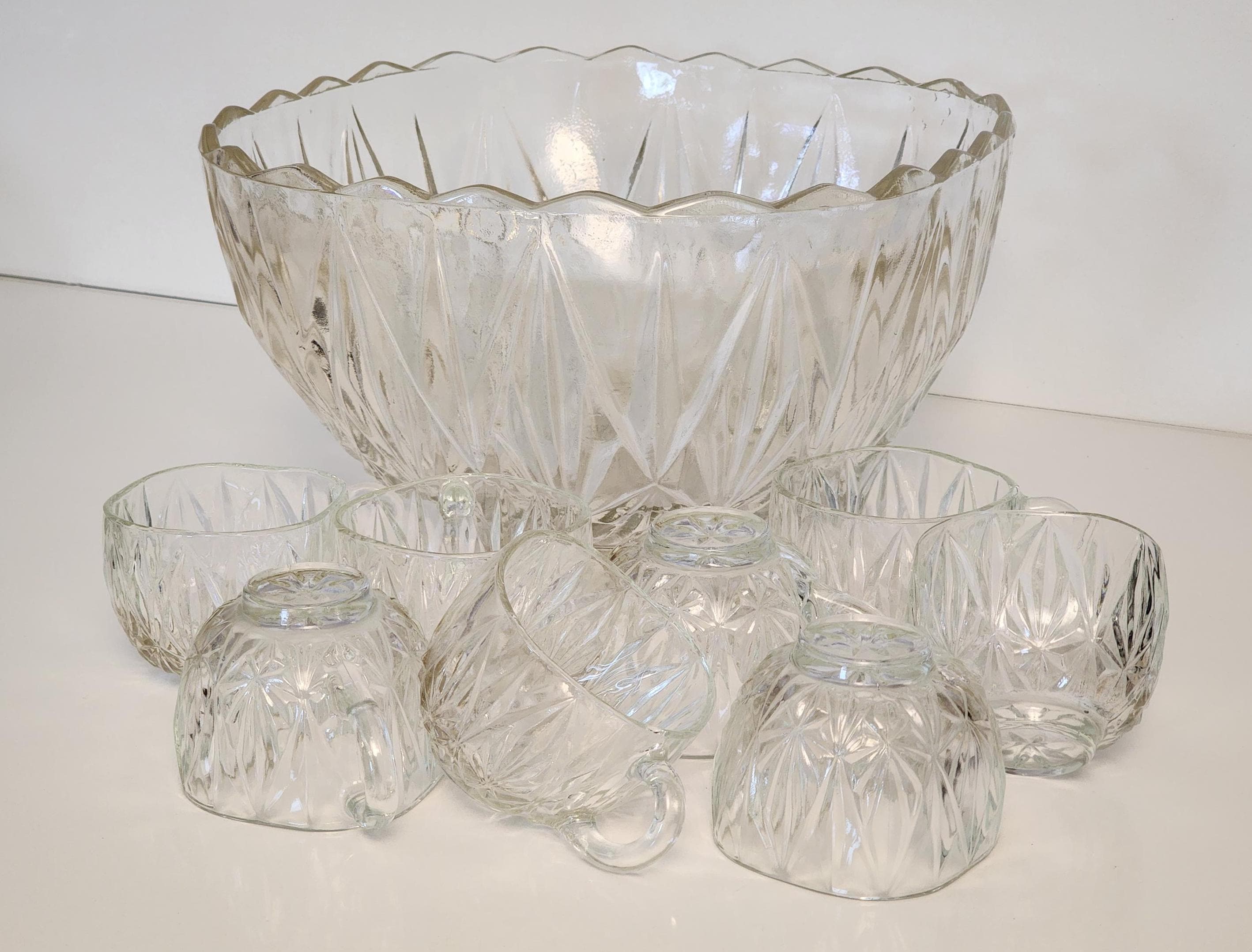 60s Hazel Atlas Williamsport Clear Pressed Glass Punch Bowl Set of