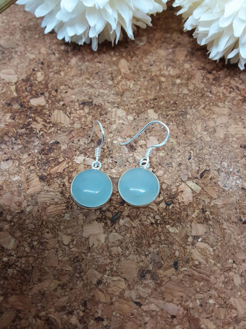 Aqua Chalcedony 925 Solid Sterling Silver Round Drop Earrings