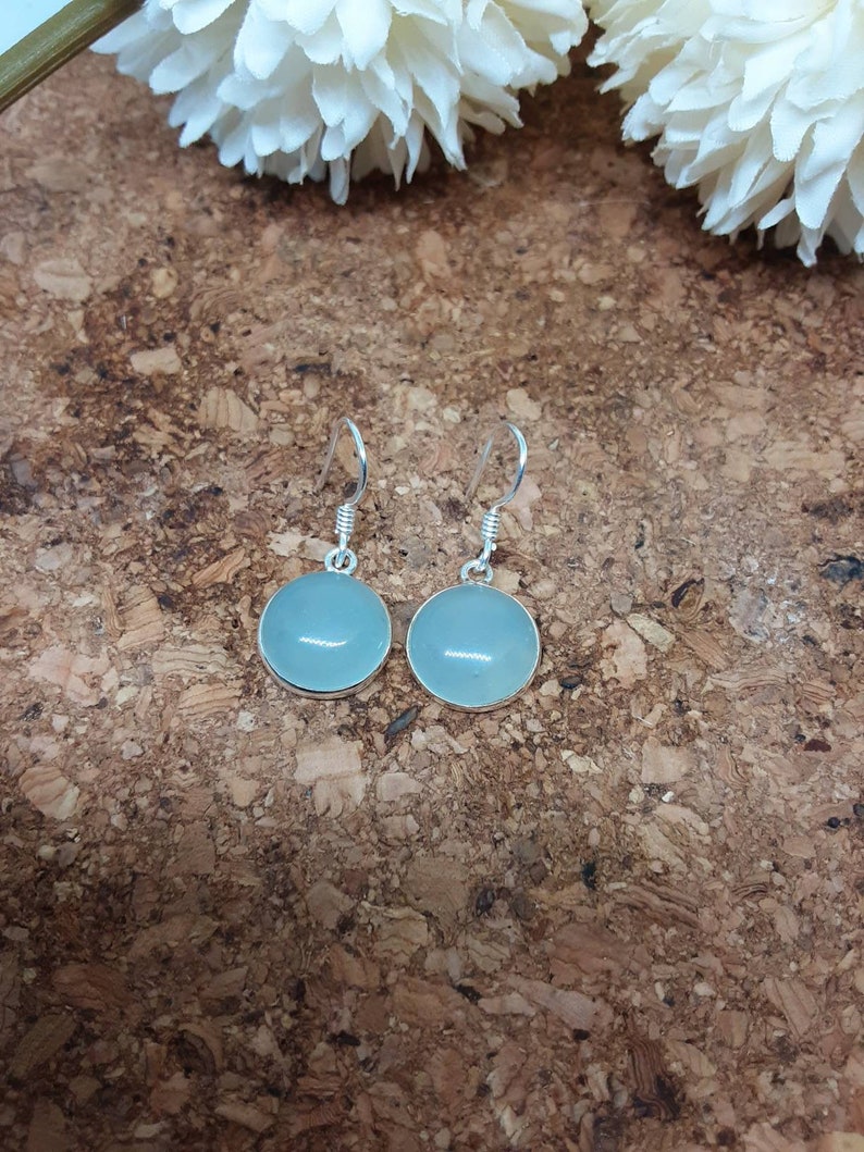 Aqua Chalcedony 925 Solid Sterling Silver Round Drop Earrings