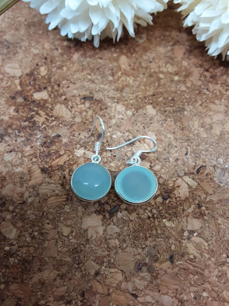 Aqua Chalcedony 925 Solid Sterling Silver Round Drop Earrings