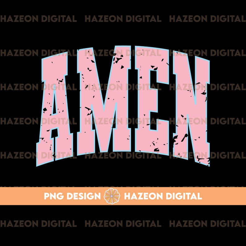 Puede incluir: Dise&ntilde;o gr&aacute;fico en relieve rosa y azul con la palabra "AMEN" en una fuente grande y en negrita.