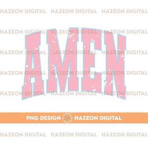 Puede incluir: Dise&ntilde;o gr&aacute;fico en relieve rosa y azul con la palabra "AMEN" en una fuente de estilo vintage. El dise&ntilde;o est&aacute; sobre un fondo blanco.