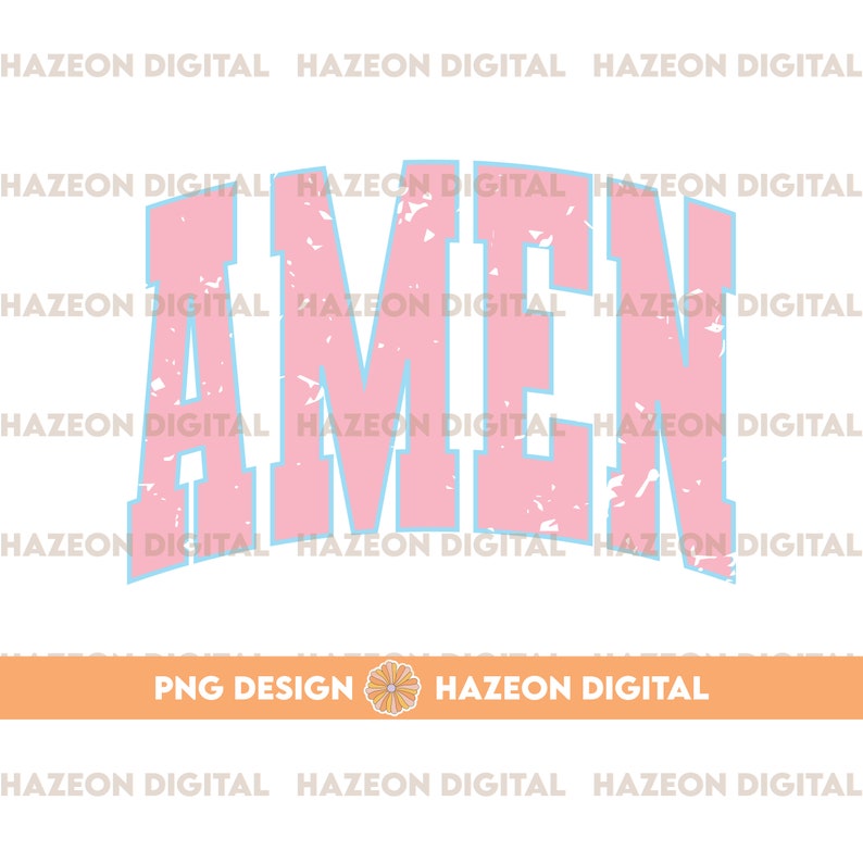 Puede incluir: Dise&ntilde;o gr&aacute;fico en relieve rosa y azul con la palabra "AMEN" en una fuente de estilo vintage. El dise&ntilde;o est&aacute; sobre un fondo blanco.