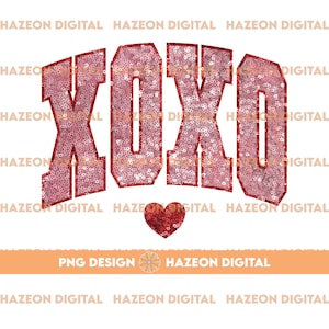 Puede incluir: Un diseño digital con las letras "XOXO" en una fuente audaz, rellenas con un patrón de lentejuelas rosas. Un pequeño corazón, también de lentejuelas, está debajo de las letras. El diseño está sobre un fondo blanco.