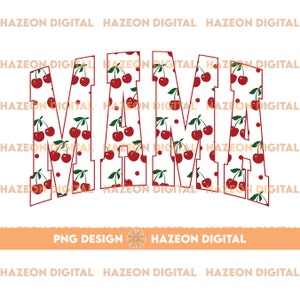 May include: A digital design featuring the word "MAMA" in bold red letters. The letters are filled with a pattern of red cherries on white background.