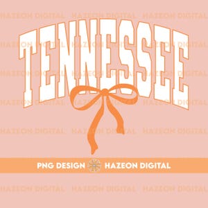 May include: White text that reads "TENNESSEE" in a retro font with an orange bow underneath. The background is a light pink colour.