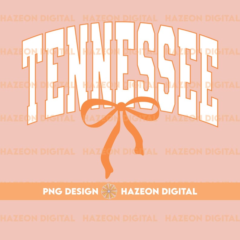 May include: White text that reads "TENNESSEE" in a retro font with an orange bow underneath. The background is a light pink colour.