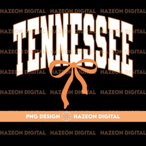 May include: A white graphic of the word "Tennessee" in a bold, arched font with an orange bow underneath. The background is black.