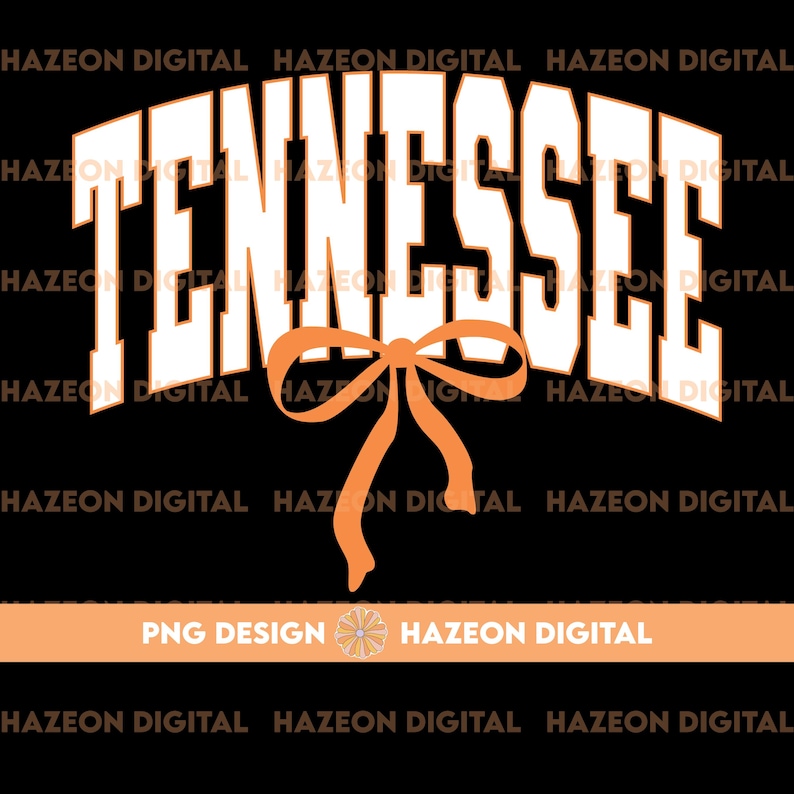 May include: A white graphic of the word "Tennessee" in a bold, arched font with an orange bow underneath. The background is black.