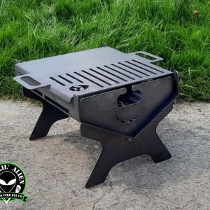 Lil Alien collapsible fire pit and BBQ with half plancha grill