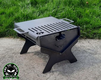 Lil Alien collapsible fire pit and BBQ with half plancha grill