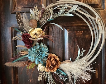 Antler floral rope wreath, Lariat wreath, Lasso wreath, Western wreath, Country wreath, Farmhouse wreath, Fall wreath, Summer wreath