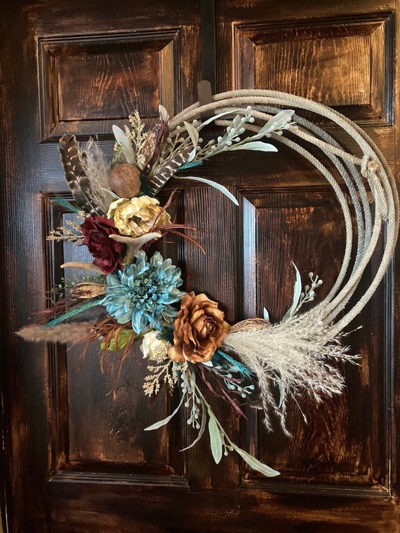 Antler Floral Rope Wreath, Lariat Wreath, Lasso Wreath, Western Wreath,  Country Wreath, Farmhouse Wreath, Fall Wreath, Summer Wreath 