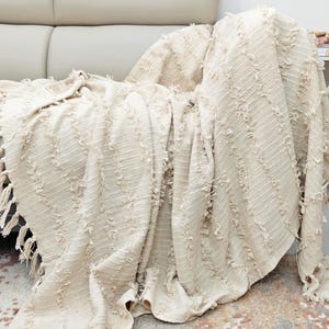 Natural Cotton Throw Cream Ivory Hand Woven Throw Blanket - Textured Sofa Cover with Tassels - Rustic Minimalist Decor Throws