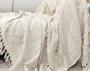 Natural Cotton Throw Cream Ivory Hand Woven Throw Blanket - Textured Sofa Cover with Tassels - Rustic Minimalist Decor Throws