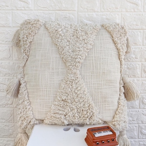 Federa per cuscino decorativa con nappa decorativa 18x18 strutturata Boho in cotone bianco avorio naturale