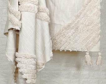 100% Cotton Throw | Natural White Cotton Tufted Textured 52x72 Inches (130x180 CM) Throw Blanket | Bedding Throw Rug