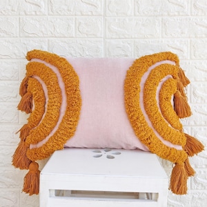 Mustard Yellow & Light Pink Pillow Cover With 12 Tassel Boho Tufted Textured Embroidered Pillow Case 14x20 Lumber Cushion Cover