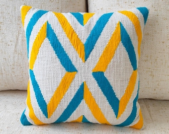 Boho Throw Pillow Cover 18x18 | 20x20 Inches Turquoise Blue / Yellow Acrylic Wool Embroidered Cotton Textured Decorative Cushion Cover