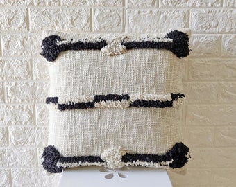 Black & Natural White Ivory Embroidered Tufted Raw Cotton 18x18 , 20x20 , 22x22 , 24x24 Inches Boho Decorative Throw Pillow Cover