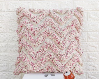 Pink & Ivory Chevron Pillow Cover Boho Textured Pillow Case Cotton Tufted Textured Pillows 18x18 Cushion Cover Decorative Throw Pillow Cover