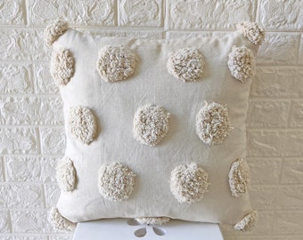 Blanc cassé naturel blanc ivoire brodé tufté 100 % coton 18 x 18, 20 x 20, 22 x 22, 24 x 24 pouces Housse de coussin décoratif bohème