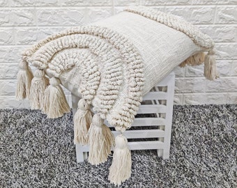 Natural White Ivory Cotton Embroidered Tufted Boho Textured 12x18, 12x20, 14x20 Pillow Cover Decorative 12 Tassels Pillow Case